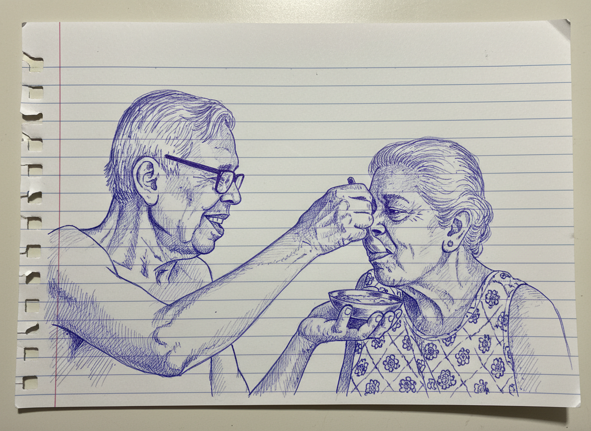 A father feeding his wife during her illness