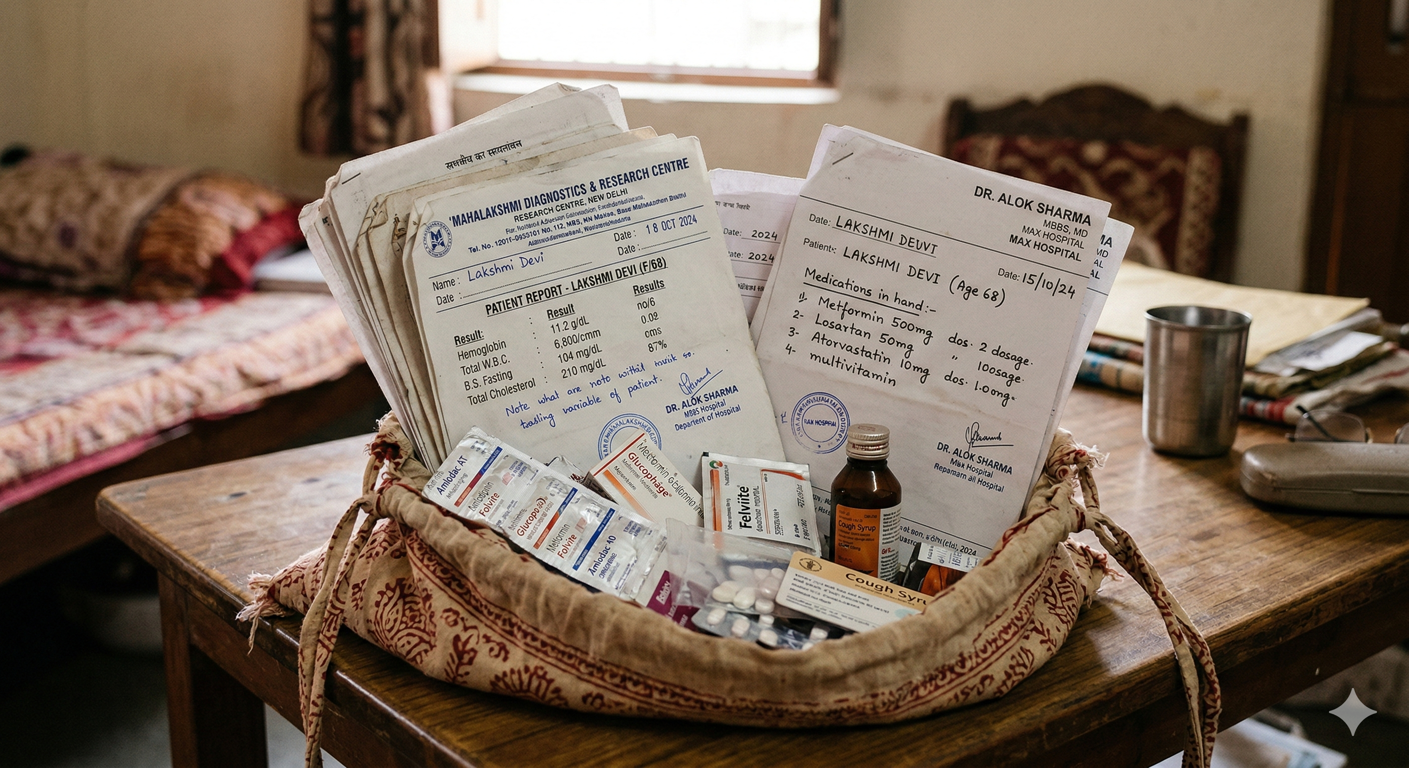 The potli — a real cloth bag filled with prescriptions, lab reports, and medicine strips